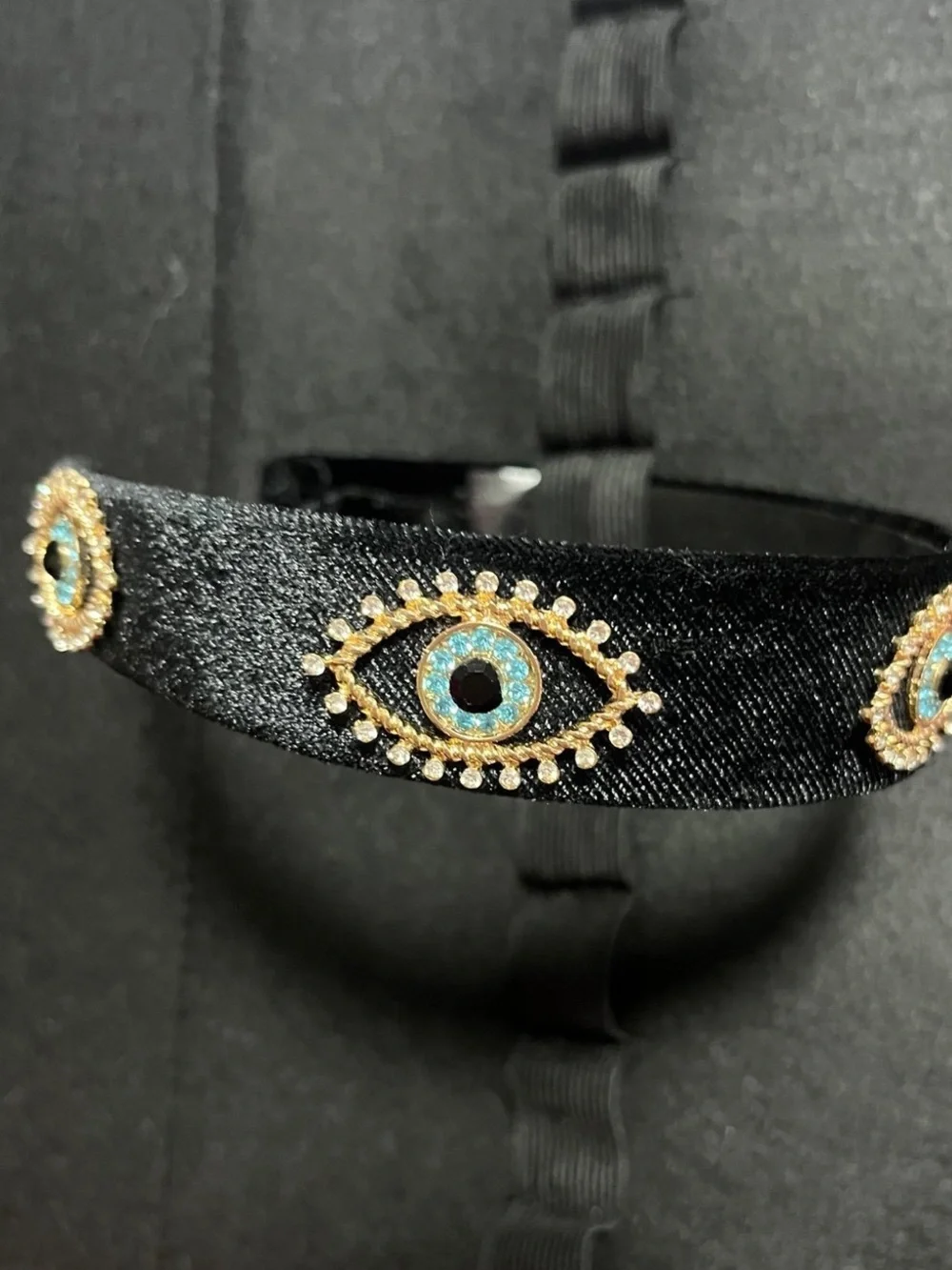 Black m Headband with Gold and Turquoise Evil Eye Embellishments